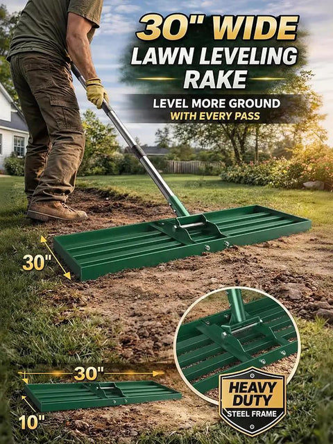 Lawn Leveling Rake 30 By 10 Inch with heavy duty stainless steel handle used on yard for leveling soil and top dressing