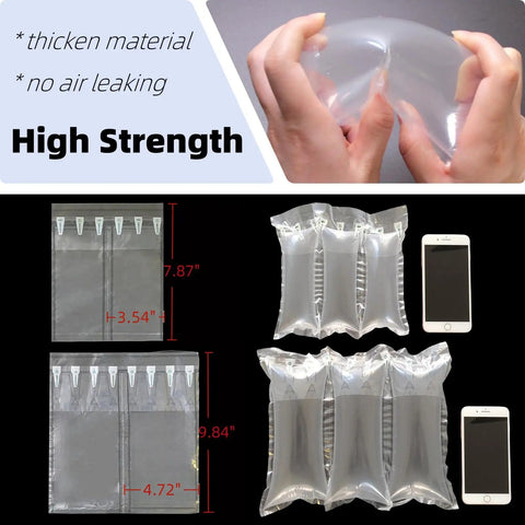 Air Pillows For Shipping With Pump Pack Of 400 Count Inflatable Packing Air Bags Alternative To Packing Peanuts 3.54 By 7.87 Inches No Air Cushion Machine Needed Easy Inflate Keeps Items Protected showing dimensions and comparison to smartphone.