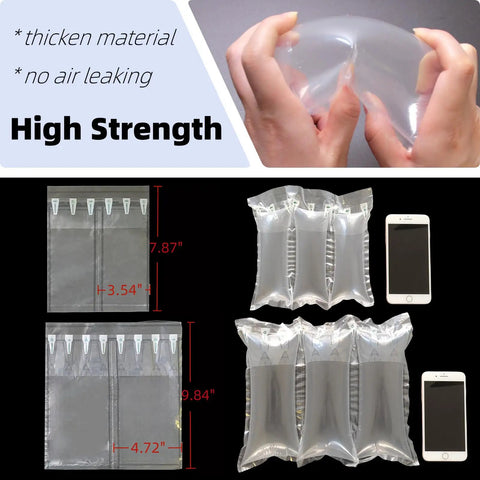Air Pillows for Shipping With Pump, 200 Count Packing Air Bags demonstrating size and thickness beside a smartphone.