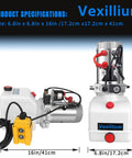 Beefy 4 Quart Hydraulic Power Unit for Dump Trucks with 12V DC electric pump and plastic reservoir shown with dimensions