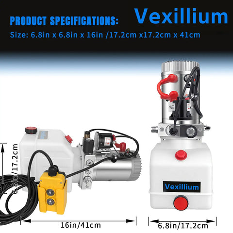 Beefy 4 Quart Hydraulic Power Unit for Dump Trucks with 12V DC electric pump and plastic reservoir shown with dimensions