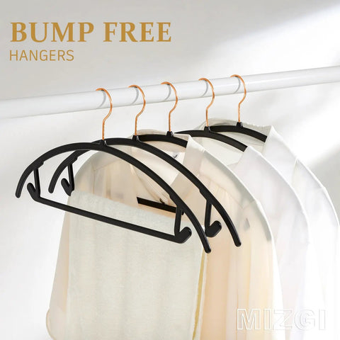 Heavy Duty Black Plastic Hangers Pack Of 50 With Rounded Shoulders That Prevent Bumps, Space Saving Hangers For Coats, Sweaters, Jackets And Pants, Rose Gold Hooks, Built In Accessory Bar For Ties And Scarves, Patent Design on rack