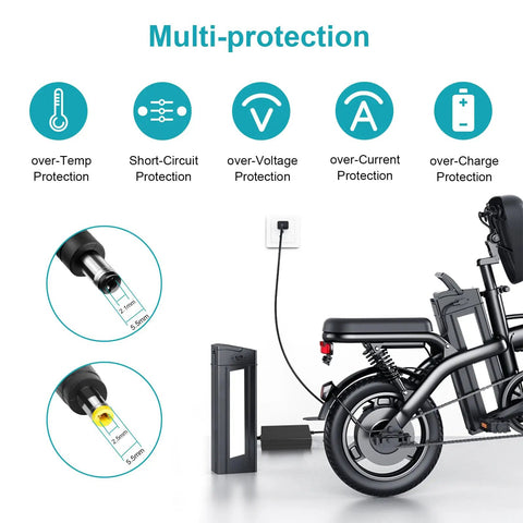 54.6V 2A Fast Charger for 13S Li-ion Battery showing multi-protection features with e-bike charging setup.