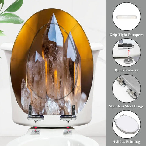 Elongated Toilet Seat Smoky Crystal Resin for Bathroom, featuring crystal design, grip-tight bumpers, and stainless steel hinges.