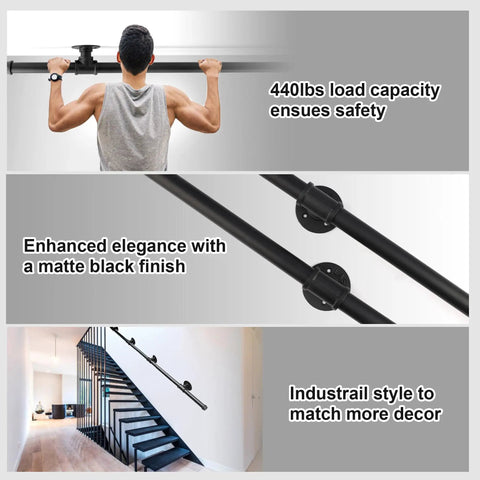 Rock Solid Five Foot Indoor Outdoor Stair Handrail Wall Mount Industrial Pipe Style Galvanized Steel Railing in use and installation