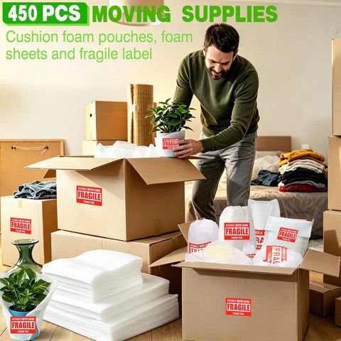 Man using Moving Day Dish Packing Set With 200 Foam Pouches And Sheets In 4 Sizes, 250 Fragile Stickers, And Marker Pen