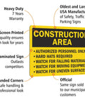Construction Zone Warning Sign 10 By 14 Inches Heavy Duty Aluminum Plate with safety instructions and rounded corners.