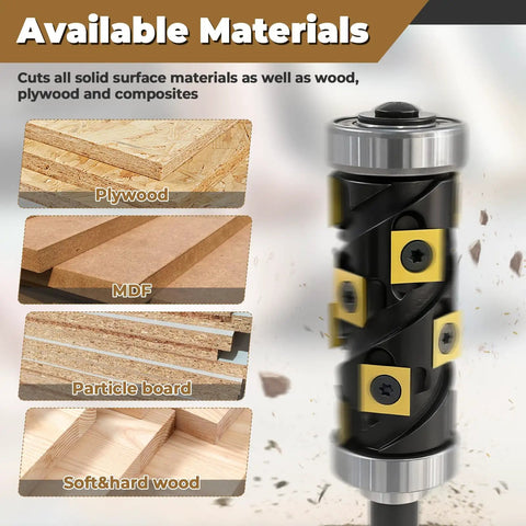 No Sweat 1/2 Inch Flush Trim Router Bit With Dual Top And Bottom Bearings For Dead Simple Wood Trimming On Router Tables And CNC Routers Featuring Swappable Carbide Blades and materials like plywood, MDF, and particle board.