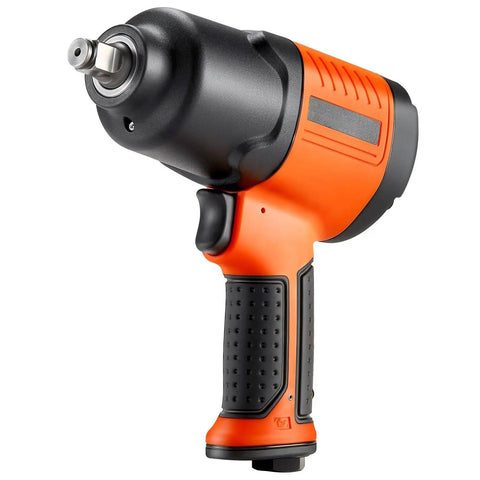 Heavy Duty 1/2 Inch Drive Pneumatic Impact Wrench Delivers Badass 1100 Foot Pounds Reverse Torque And Smooth 7500 Rpm Free Speed With Four Quick Adjustments And A Lightweight Aluminum Frame Crafted For No Sweat Under The Hood Auto Repair - close-up view showcasing the grip and impact socket.