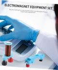Two Set Electromagnet Experiment Kit for Kids and Teens displayed with tools and circuit gear on a table.