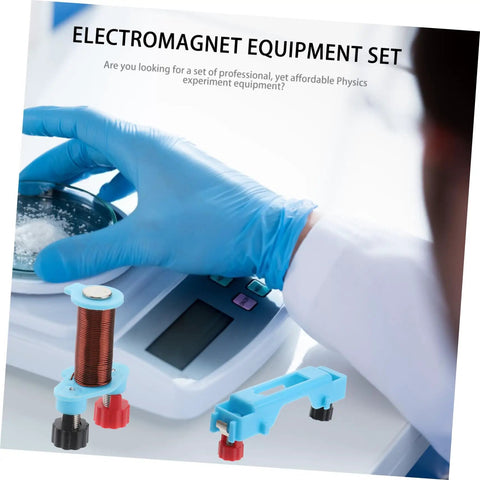 Two Set Electromagnet Experiment Kit for Kids and Teens displayed with tools and circuit gear on a table.