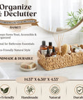 Two Pack Toilet Tank Basket Set With Scalloped Wicker And Three Compartments on bathroom counter, holding toiletries