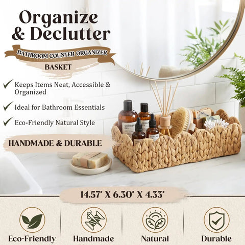 Two Pack Toilet Tank Basket Set With Scalloped Wicker And Three Compartments on bathroom counter, holding toiletries