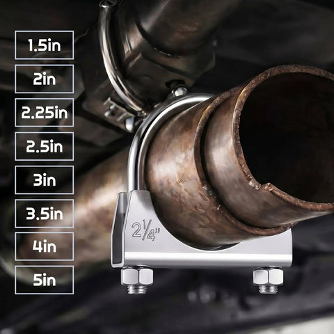 Beefy Heavy Duty Exhaust Clamp Set Four Pack Fits Two And A Quarter Inch OD Pipes U Bolt Saddle Design connected to pipe.