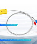 K-type thermocouple sensor probe with fiberglass insulation and stainless steel braided sheath; 3.3 ft wire, yellow plug