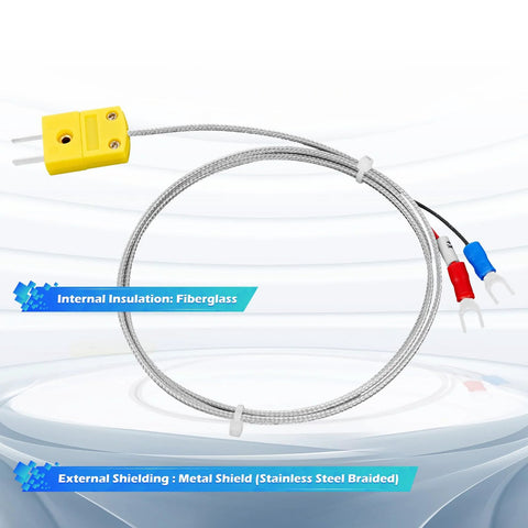K-type thermocouple sensor probe with fiberglass insulation and stainless steel braided sheath; 3.3 ft wire, yellow plug