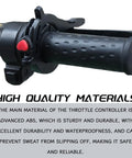 Ride Easy Universal Motorcycle Cruise Control Throttle Lock With Quick Release Button For Stress Free Highway Runs And Butter Smooth Weekend Cruising On Full Sized Machines Black close-up of durable ABS throttle controller with clip and grip details.