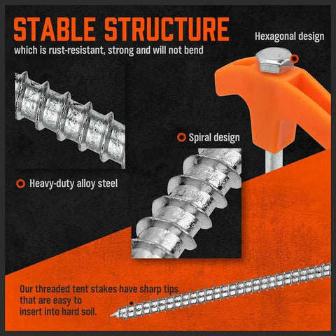 20 Pack 8 Inch Heavy Duty Tent Stakes Made From Galvanized Steel for Camping, showing spiral and hexagonal design details.