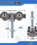Dimensions of eight pack 4 wheel silent trolley assembly rollers with M10 bolt for 1-5/8 inch wide strut channels.