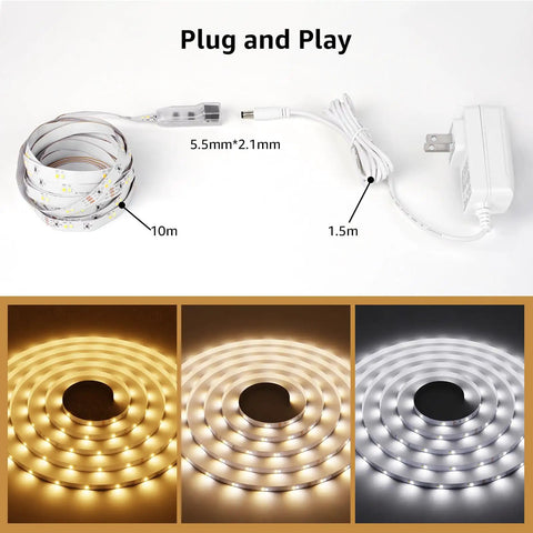 LED Tunable White Strip Light 32.8ft With 600 2835 LEDs showing warm to cool white tones with plug and play setup