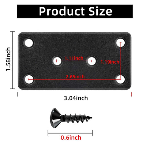 Heavy Duty Matte Black Stainless Steel Mending Plates 4 Pack With Screws dimensions showing 3.04" x 1.58" and recessed screw holes.