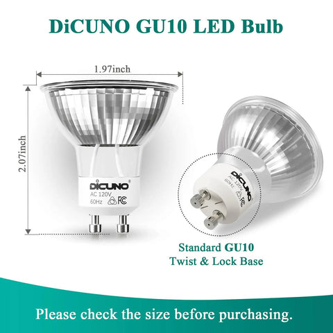 GU10 Dimmable LED Bulbs 2700K Warm White 700 Lumens 6W 120V for Track Lighting Kitchen and Range Hood, pack of 6, with dimensions.
