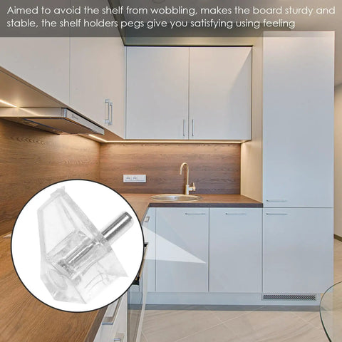 Close-up of 100 Pack Shelf Support Pegs for cabinets and shelves, heavy duty plastic brackets in a modern kitchen setting.