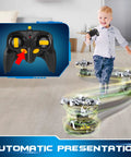Child playing with RC Totally Transforming Car Robot For Kids One Button Deformation To Robot With Flashing Lights.