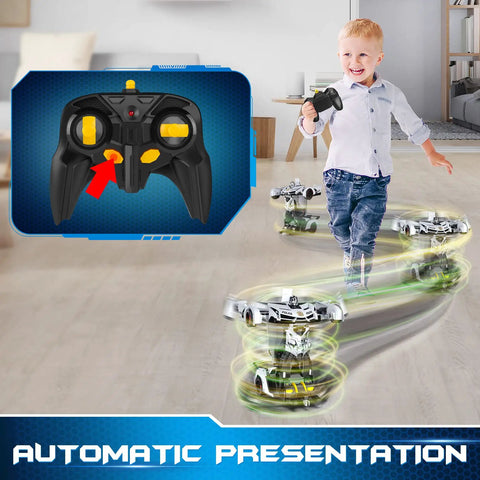 Child playing with RC Totally Transforming Car Robot For Kids One Button Deformation To Robot With Flashing Lights.