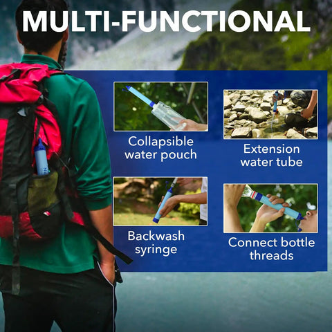 Multi-functional Personal Water Filter Straw For Outdoor Adventures Portable Filtration Kit with accessories demonstration.