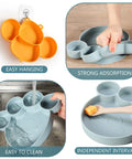 Hecka Adorable 4 Piece Silicone Toddler Suction Plate Set With Mega Grip Base divided animal dishes, easy to clean, strong adsorption feature.