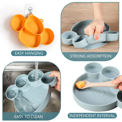 Hecka Adorable 4 Piece Silicone Toddler Suction Plate Set With Mega Grip Base divided animal dishes, easy to clean, strong adsorption feature.