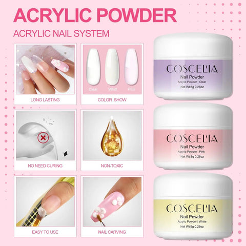 All-In-One Acrylic Nail Kit For Beginners With Drill And UV Light Includes Glitter Powders Rhinestones Gems And Essential Nail Art Tools For DIY Pro Grade Spa Quality Nails At Home, featuring acrylic powders in clear, pink, and white.