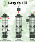 Gravity Fed Squirrel Proof Bird Feeder For Outdoors Easy Hangin With Metal Mesh Design Large 3Lb Capacity Green Keeps Seeds Safe From Squirrels And Feeds Finches Cardinals Chickadees shown in three assembly steps: pressing down on the mesh, opening the lid upwards, and adding birdseed.