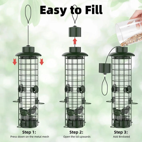 Gravity Fed Squirrel Proof Bird Feeder For Outdoors Easy Hangin With Metal Mesh Design Large 3Lb Capacity Green Keeps Seeds Safe From Squirrels And Feeds Finches Cardinals Chickadees shown in three assembly steps: pressing down on the mesh, opening the lid upwards, and adding birdseed.
