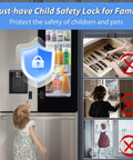 Kid proof refrigerator lock with fingerprint unlock; protective fridge lock shown blocking child's access to open fridge.
