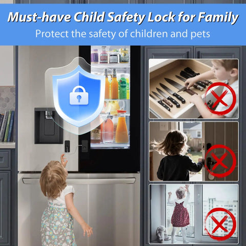 Kid proof refrigerator lock with fingerprint unlock; protective fridge lock shown blocking child's access to open fridge.