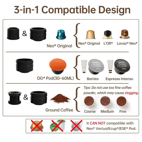 3-in-1 compatible design for Straight Up Smooth Portable 12V Car And Home Espresso Maker with various pod options.