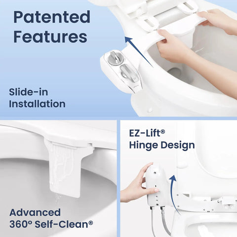 Warm Water Dual Nozzle Non Electric Bidet Attachment for Toilet Seat with 360 Self Clean and EZ Lift Patented Slide In Install