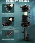 Front Pair Complete Struts Coil Spring Assembly Shock Absorber For Toyota Corolla 2009 2011 2012 2013 And Toyota Matrix 2011 2012 2013 Replacement showing detailed components including high-strength piston rod and durable oil seal with electrophoretic painting display.