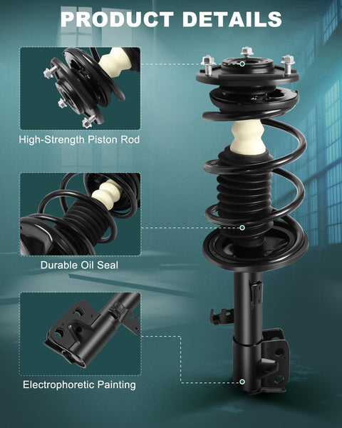 Front Pair Complete Struts Coil Spring Assembly Shock Absorber For Toyota Corolla 2009 2011 2012 2013 And Toyota Matrix 2011 2012 2013 Replacement showing detailed components including high-strength piston rod and durable oil seal with electrophoretic painting display.