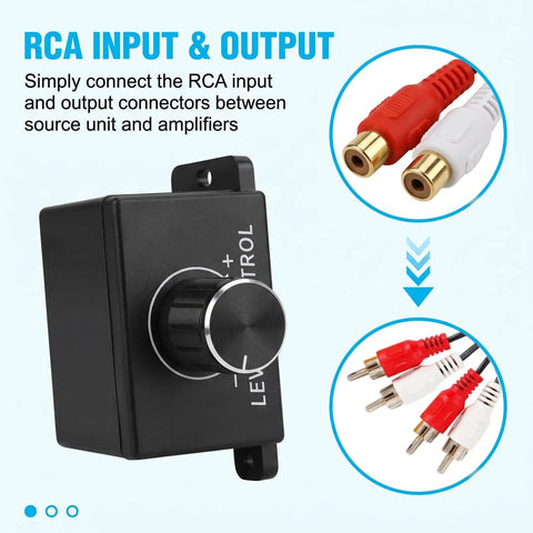 Universal RCA Level Controller With Audio Bass And Volume Control Knob on display showing RCA connections for amplifiers.