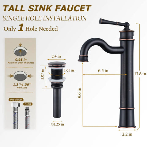 Vessel Sink Faucet Tall Deck Mount Bathroom Dope Look With ORB Finish Brass Construction Roman Arc Spout Pop Up Drain Assembly