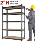 Heavy Duty 2000 Lb 5 Tier Metal Garage Shelving Unit With Wood Shelves, 72 Inch H, worker measuring rack, black