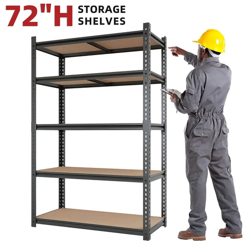 Heavy Duty 2000 Lb 5 Tier Metal Garage Shelving Unit With Wood Shelves, 72 Inch H, worker measuring rack, black