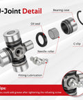 Disassembled view of U-joint components from Front Prop Shaft Yoke And U Joint Set Two Sides For Polaris Ranger 400 500 570 700 800 900 1000 Diesel Hst Etx Replacement Upgrade For Atv And Utv Drivetrain, including bearing case, oil seal, needle roller, and C-clip, with lubrication fitting shown.