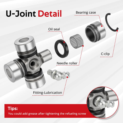 Disassembled view of U-joint components from Front Prop Shaft Yoke And U Joint Set Two Sides For Polaris Ranger 400 500 570 700 800 900 1000 Diesel Hst Etx Replacement Upgrade For Atv And Utv Drivetrain, including bearing case, oil seal, needle roller, and C-clip, with lubrication fitting shown.