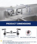Lead-Free 8 Inch Center Wall Mount 3 Compartment Sink Faucet with 8" Spout dimensions showing measurements for installation.