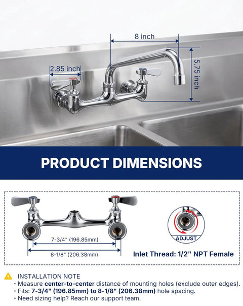 Lead-Free 8 Inch Center Wall Mount 3 Compartment Sink Faucet with 8" Spout dimensions showing measurements for installation.