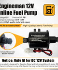 Engineman 12V electric fuel pump with high-quality metal and copper, fits gasoline and diesel systems, visible 5/16 inch inlet diameter.